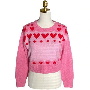 JESSICA SIMPSON | Hearts Printed Fuzzy Cropped Crewneck Pullover Sweater Size XS